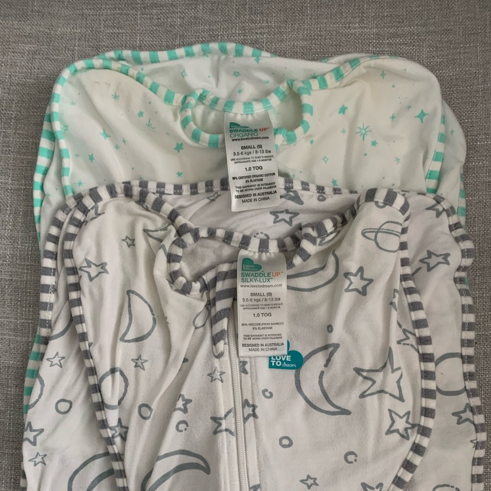 Pair of Small specialty fabric Love to Dream Swaddle Ups
